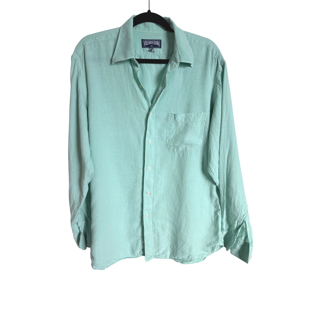 Vilebrequin 100% Linen Shirt Large Aqua Mint Resortcore Coastal Luxury Beach